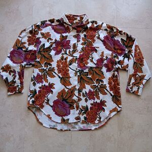Vintage Eddie Bauer Size XL White Purple Brown Floral CORDUROY Blouse Shirt Top